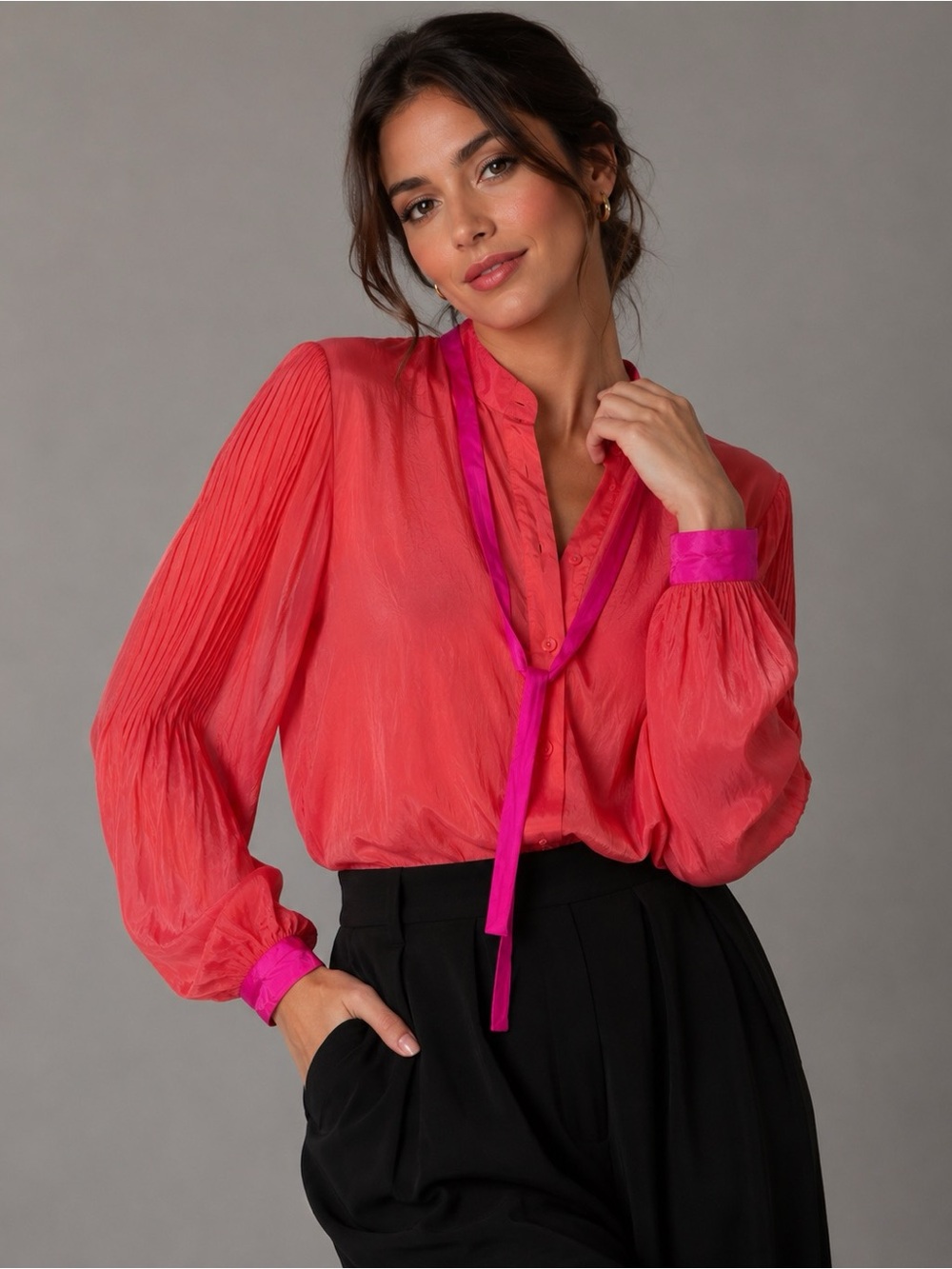 Jeunesse 100% Silk Claudine Colorblock Blouse Long Sleeve Women Size S